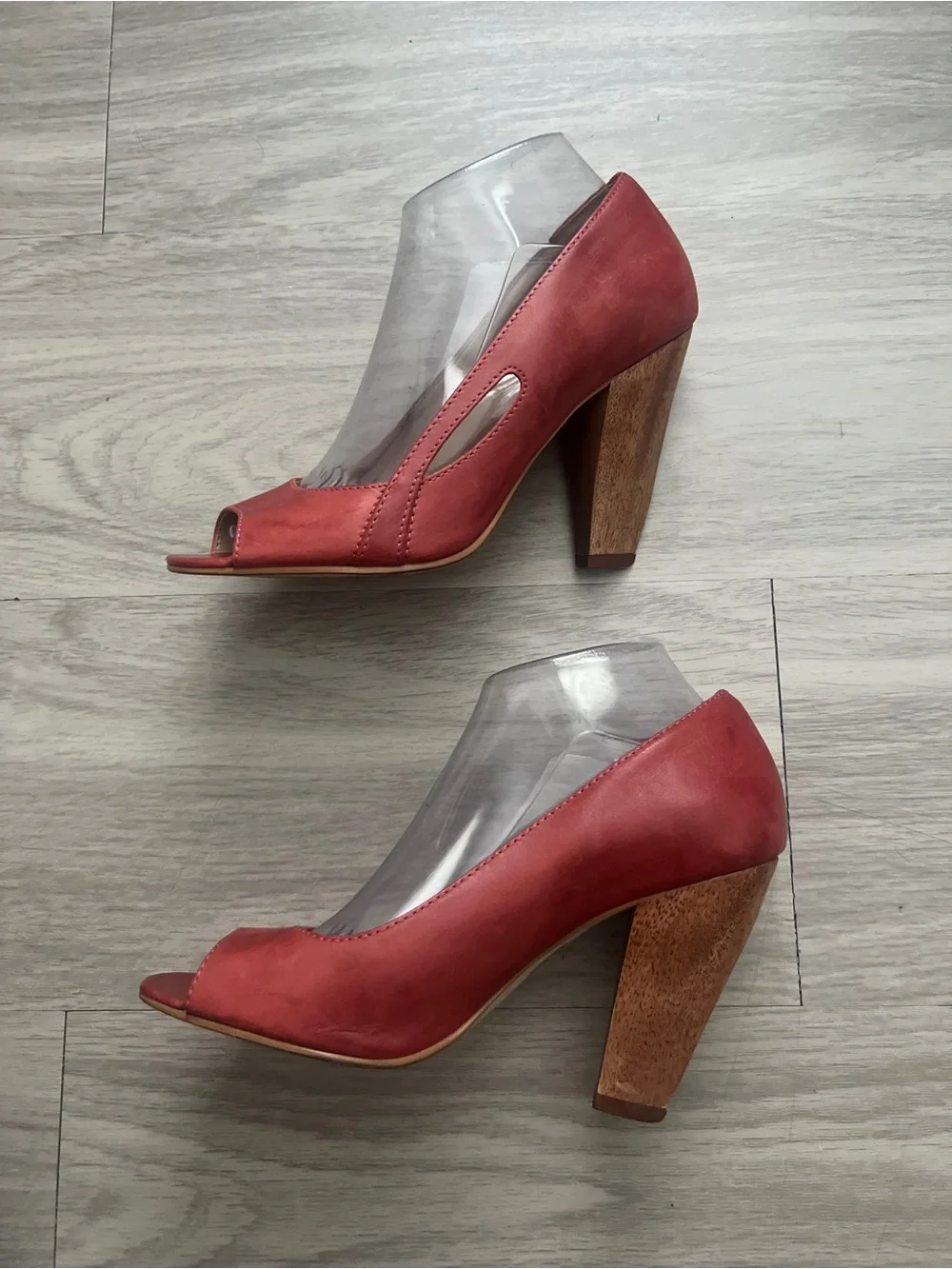 ALDO Coral Red Peep Toe Leather Block Heel Pumps Size 39